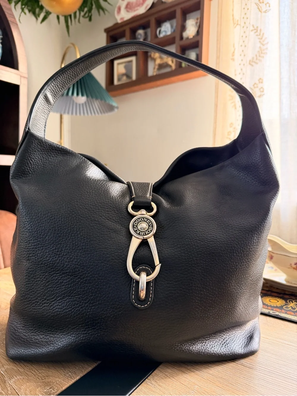 Dooney & Bourke Black Pebbled Leather Hobo with Silver Hardware